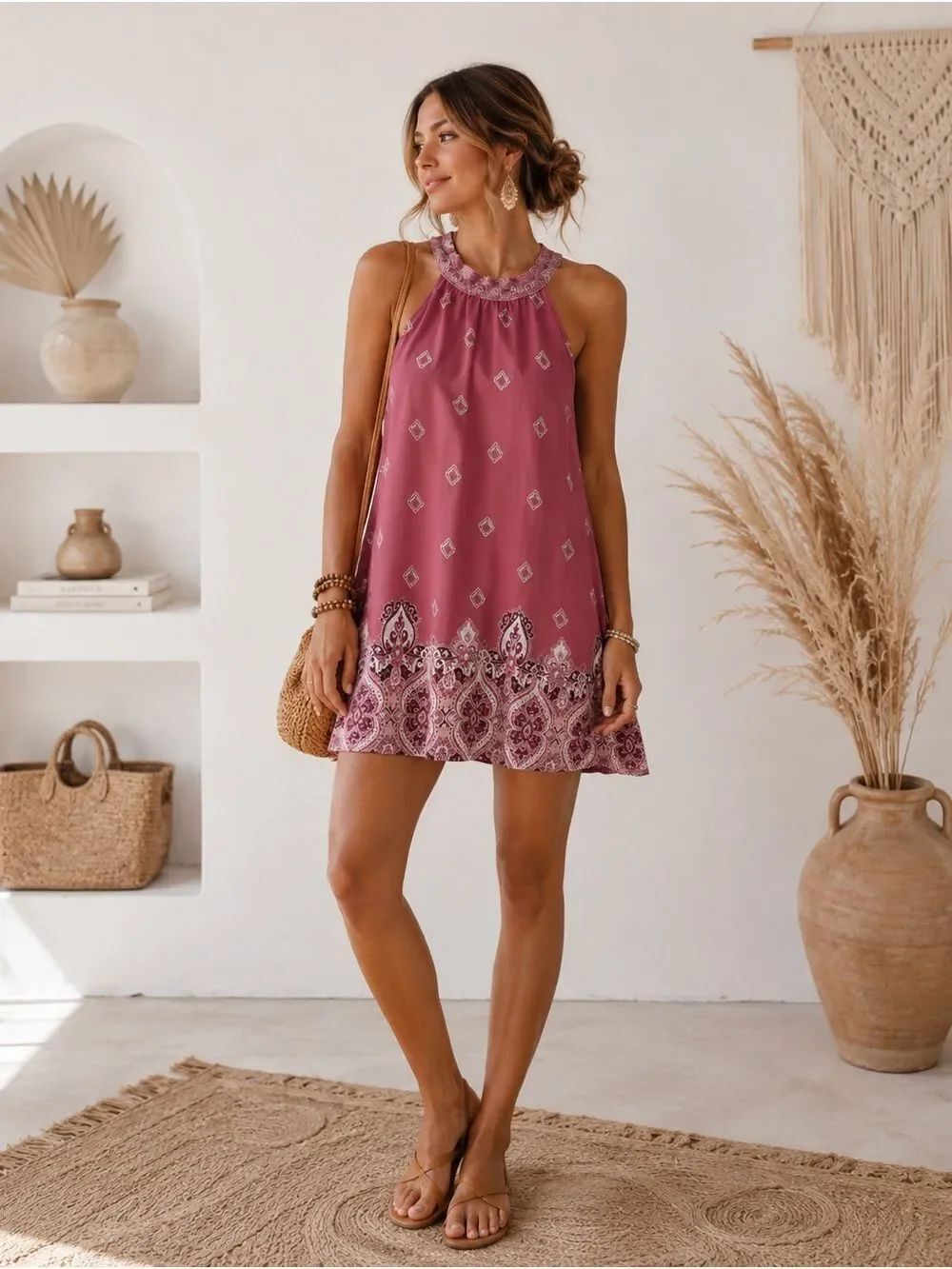Altar'd State Mauve Pink Paisley Halter Mini Dress Boho Aesthetic